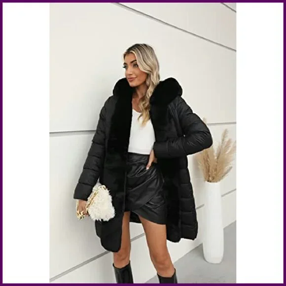 Women's Faux Leather Puffer Jacket with Fur Hood Belted Winter Coat